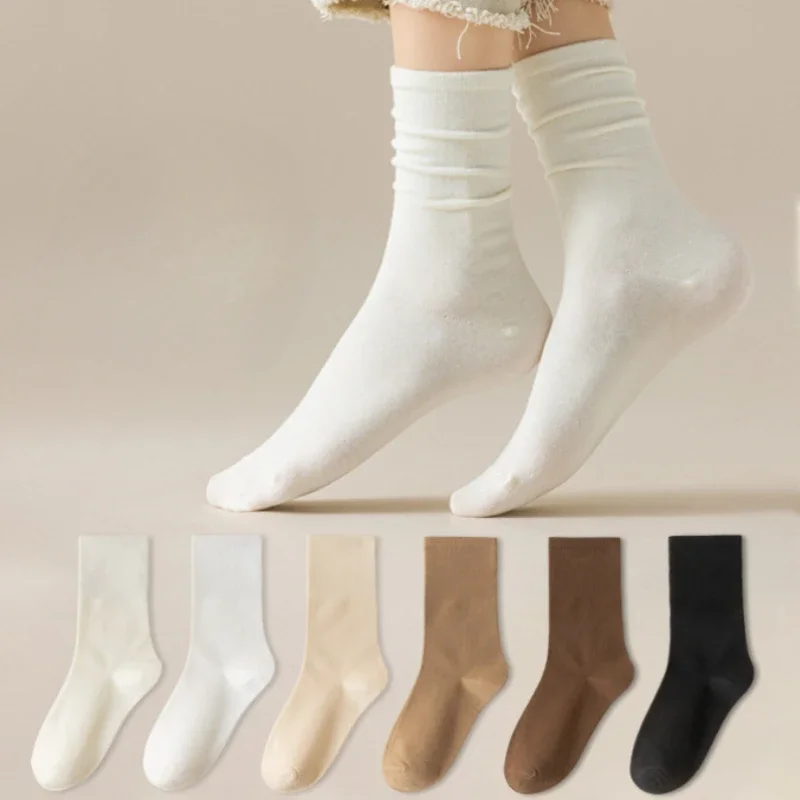 Set 5 Pairs Cotton Socks Color Solid Medium Tube Knitted Loose Long Soft Spring Autumn Crew Casual Sock Black White Breathable