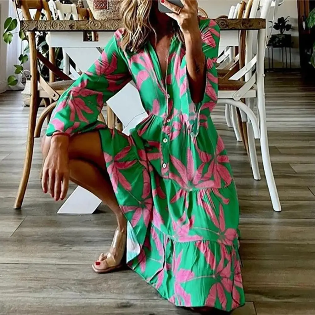 Elegante boho impressão midi vestido com decote em v manga alargamento vestido feminino casual solto a linha vestido senhoras férias camisa vestidos