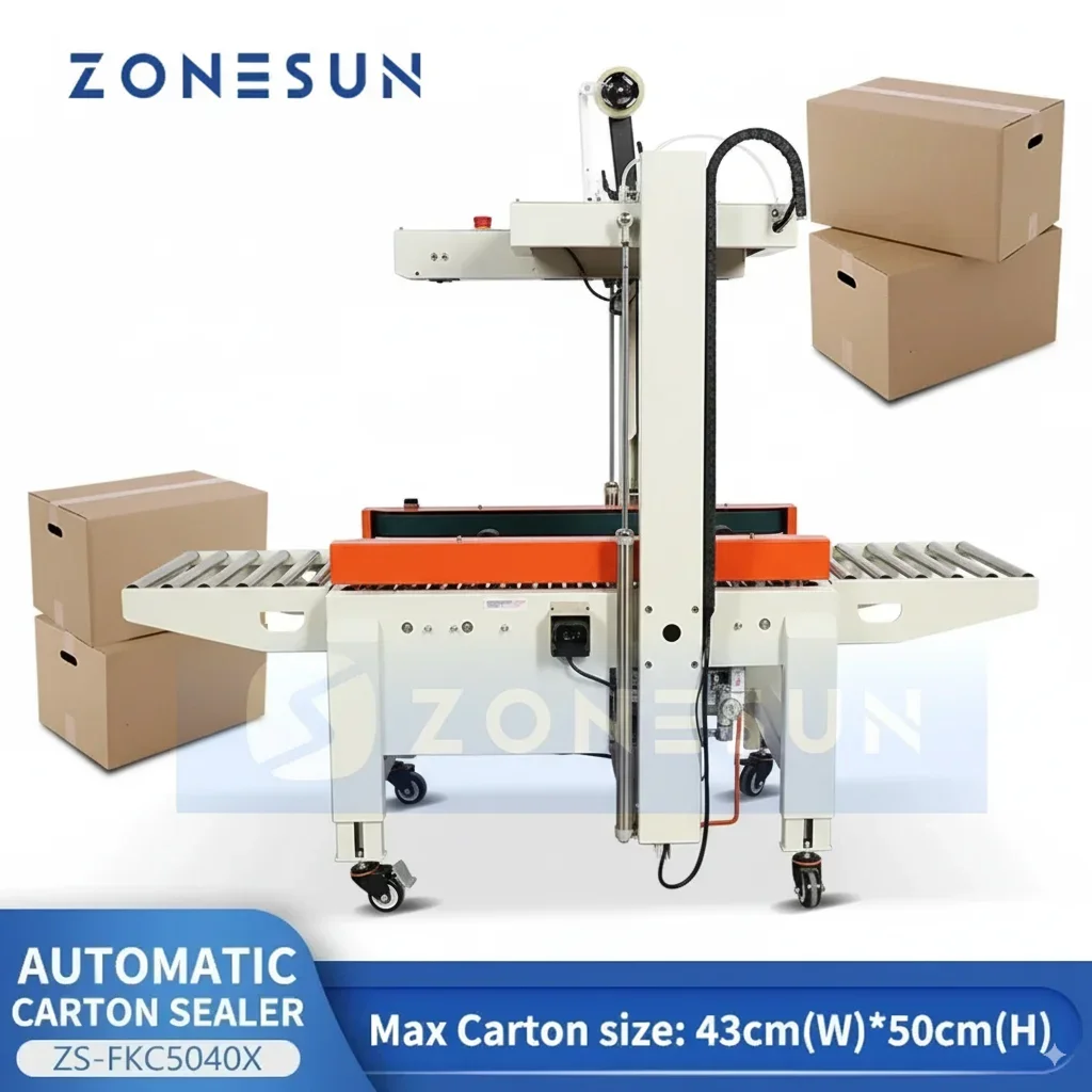 

ZONESUN ZS-FKC5040X Tape Carton Sealer with Pneumatic Control and Top Bottom Clamping for Efficient Box Sealing