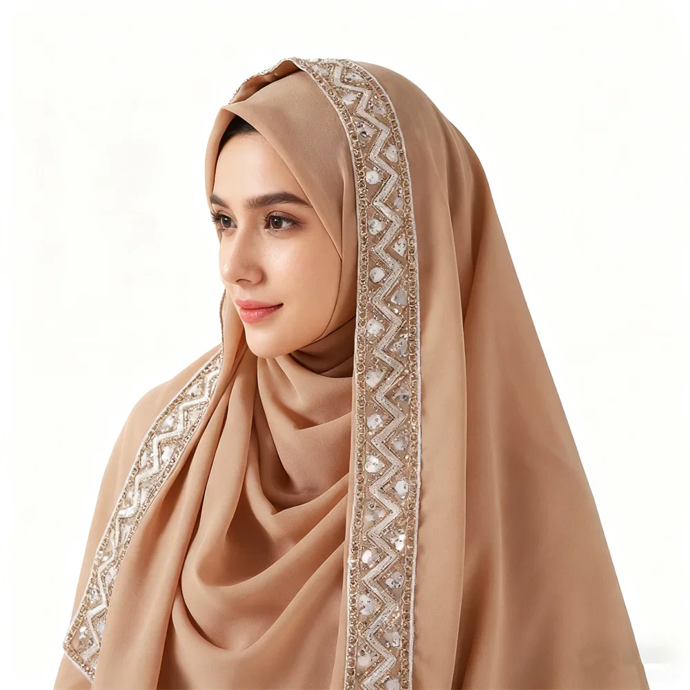 

Новый шарф-хиджаб из шифона с жемчужной вышивкой и пайетками, малайзийский/индонезийский модный кружевной женский платок, мусульманский тюрбан, шаль, накидка, стойла