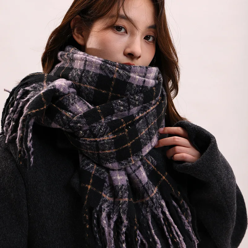 Purple Yam Luxury Scarf for Women, Winter Korean Style Versatile Plaid Shawl, Soft and Retro Warm Neck Warmer