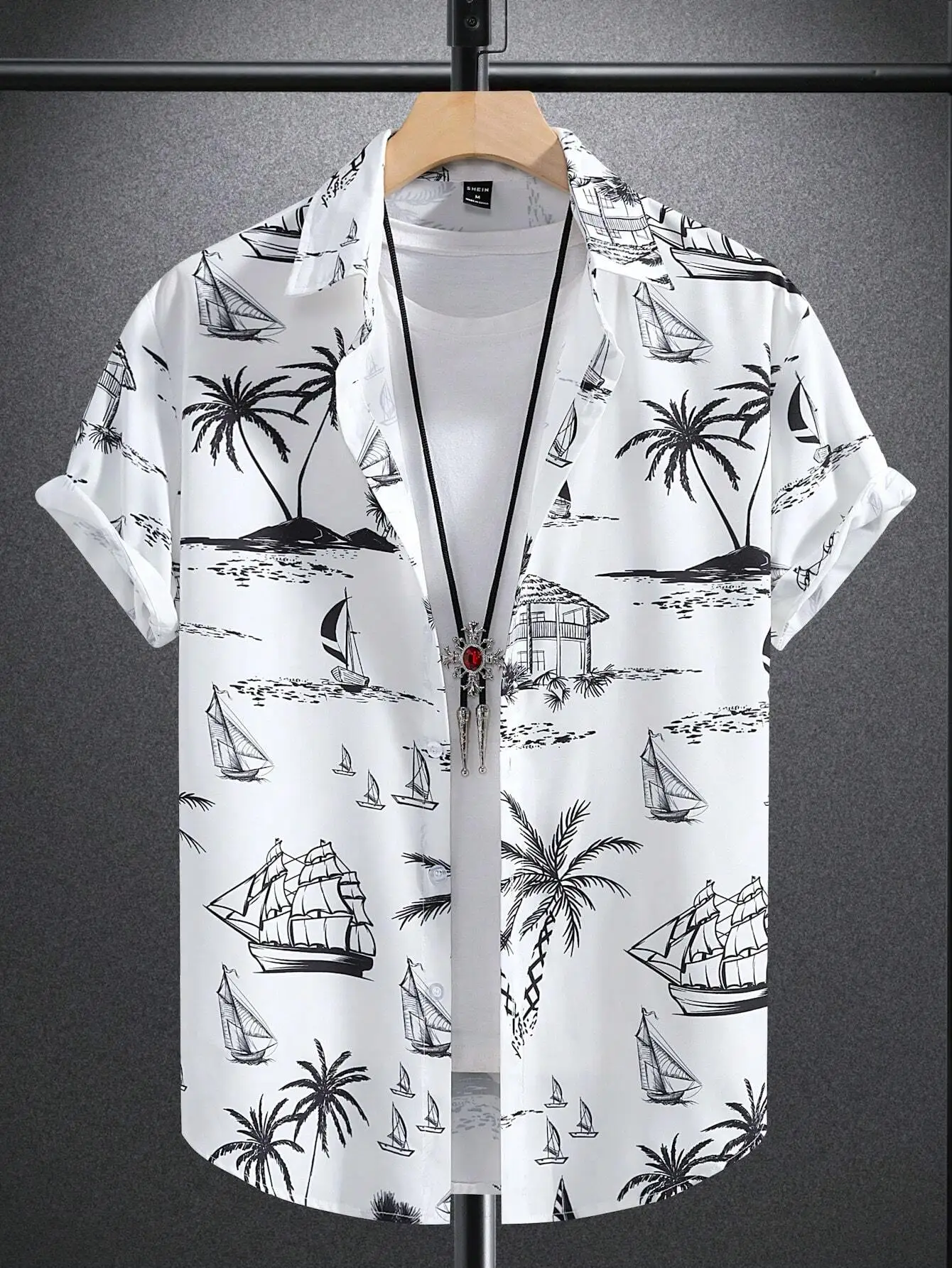 

Men's White Short Sleeve Collar Shirt with Tropical Palm and Sailboat Print, Casual Vacation Wear