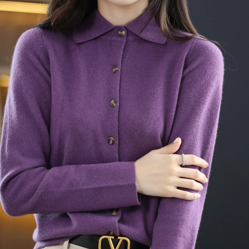 100% Wool Korean Style Turn-down Collar Knitted Sweaters Women Cardigan Fashion Casual Long Sleeve Cashmere Shirt Solid Tops