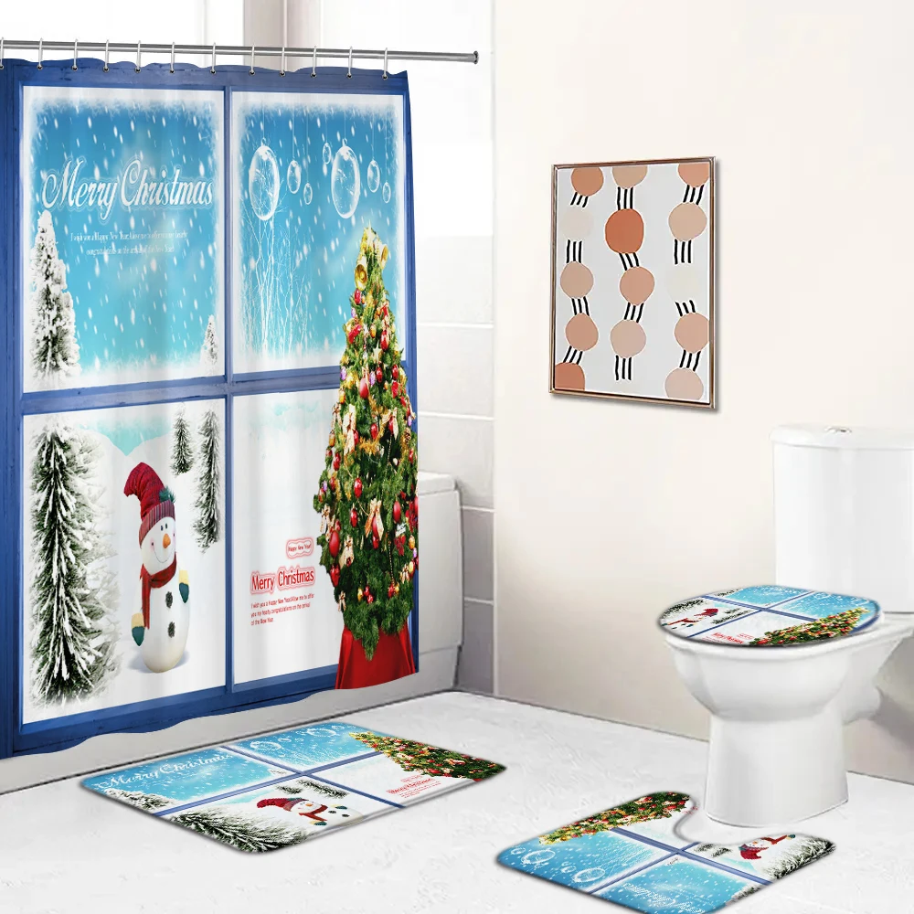 

Cartoon Snowman 3D Printed Christmas Shower Curtain with Toilet Cover Bath Mat Carpet Bathroom Curtain Sets Polyester Fabric