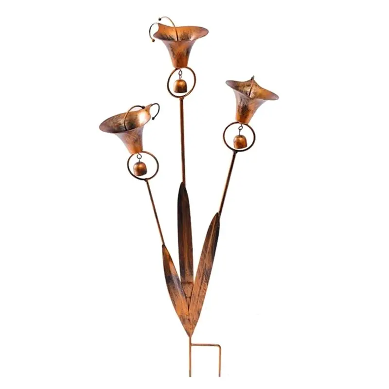 AB41-Floral Yard Art Garden Sculpture Flamed Garden Stake Handcrafted Three Calla Lilies Metal Wind Chime Flower Stake
