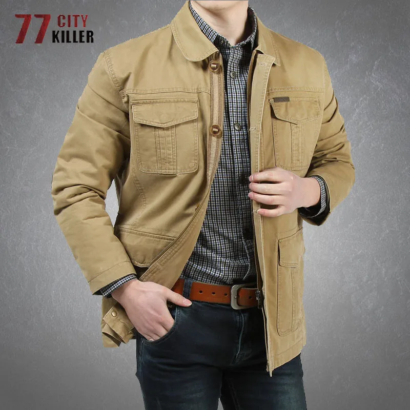 Men\'s Cargo Jackets Spring Autumn Multiple Pockets Solid Color Thin Coats Fashion Casual Cotton Loose Lapel Military Jacket Male