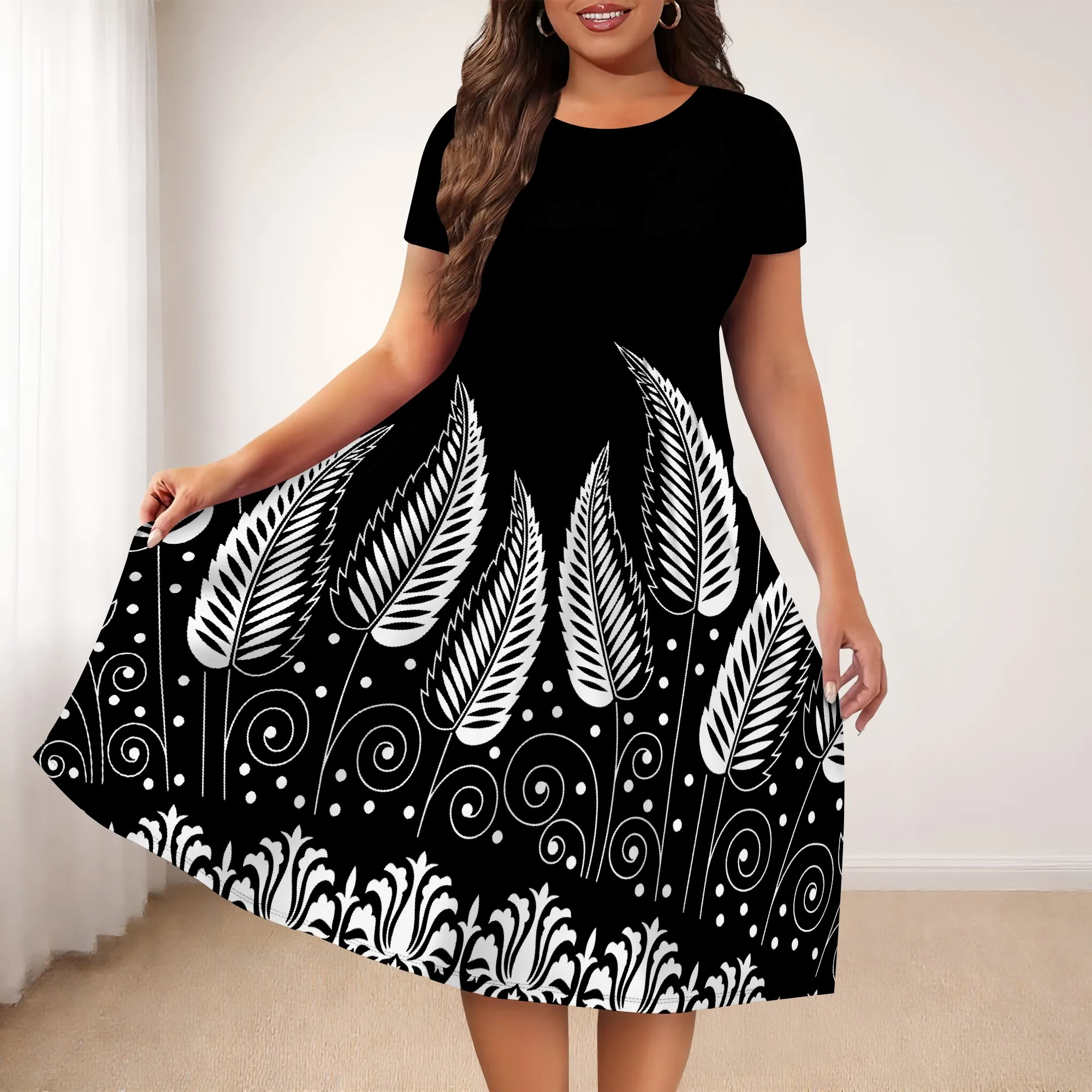 

Nupusa Leaf Print Dress for Women Standard Size Summer Casual Crew Neck Short Sleeve Midi Dress