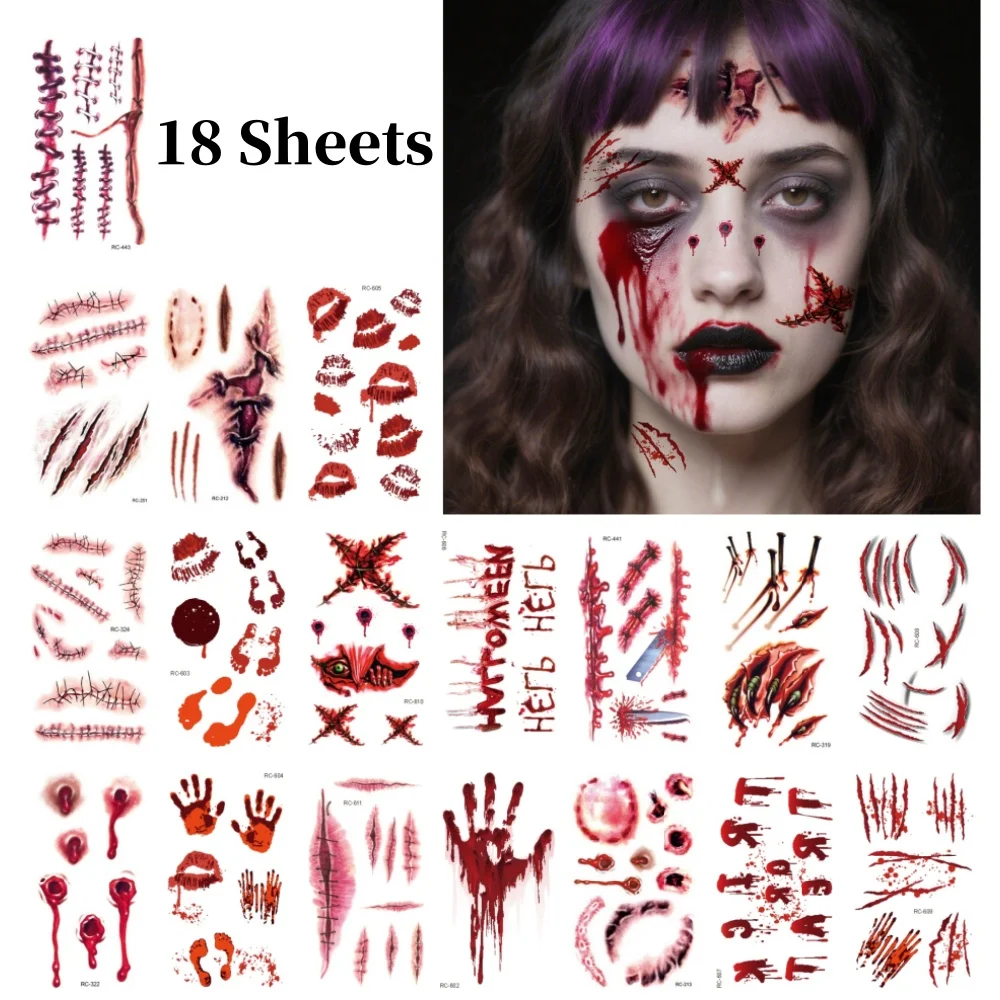 18 ورقة محاكاة المؤقتة وهمية الجرح الدموي ملصق واقعية الإرهاب الجرح هالوين حزب الوشم المؤقت
