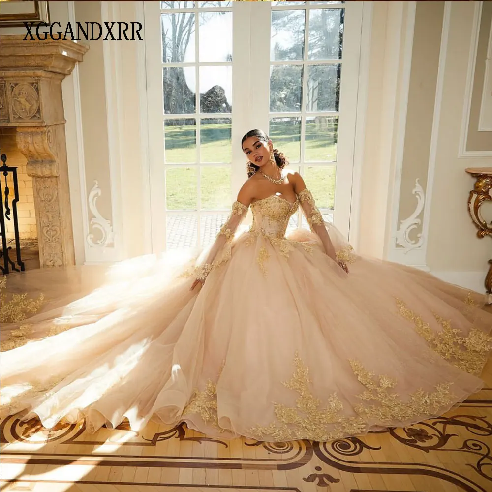 Elegant Ball Gown Champagne Gold Vestidos De 15 Años 2024 Long Sleeves Tulle Quinceanera Dresses Lace Applique Sweet 16 Dress