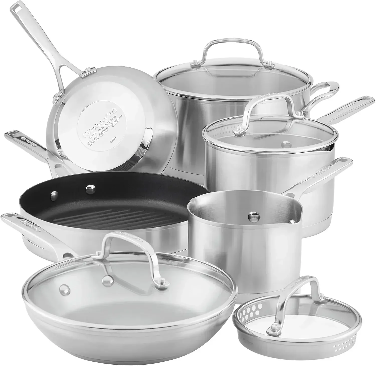 

3-Ply Base Stainless Steel Cookware Pots and Pans Set, 10 Piece, Brushed Stainless