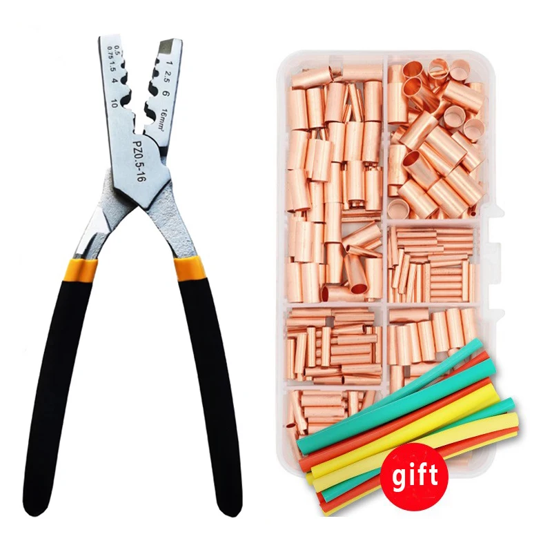 

250pcs GT Copper Connecting Pipe Wire Joint Small Copper Tube Terminal Cable Lug Bootlace Ferrule Kit with Crimping Pliers Tool