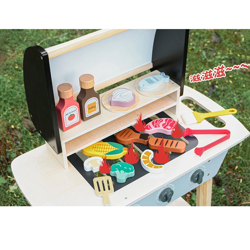 Simulazione in legno per bambini Barbecue Casa da gioco Giocattolo Legno Educazione precoce Cucina Giocattoli per feste Set per ragazzi e ragazze