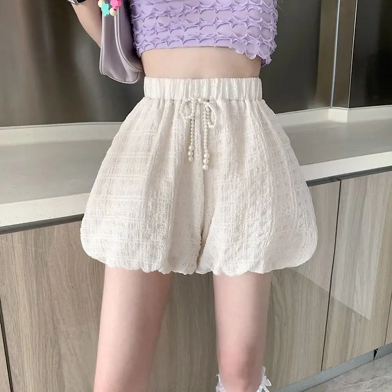 Sweet New Summer Solid Women's Wear Elastic Waist Jacquard Weave High Waist Bow Fashion Casual Loose Lantern Wide Leg Shorts