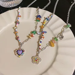 Boho Colorful Beaded Purple Heart Pendant Necklace For Women Girl Irregular Natural Stone Clavicle Chain Y2K Jewelry Accessories