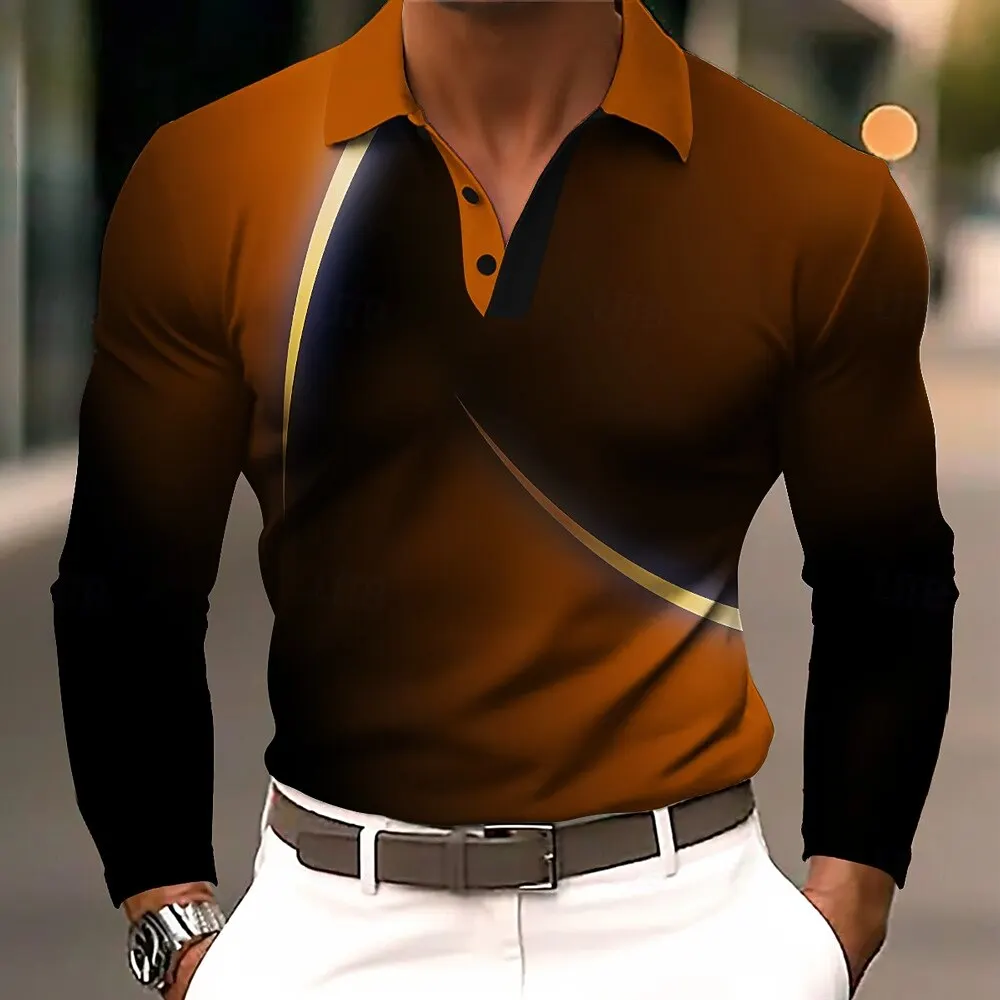 Fashion Urban Style Polo Shirts For Men 3D Print Simple Stripe Long Sleeve Clothes Autumn Outdoor Street Casual Comfortable Tops