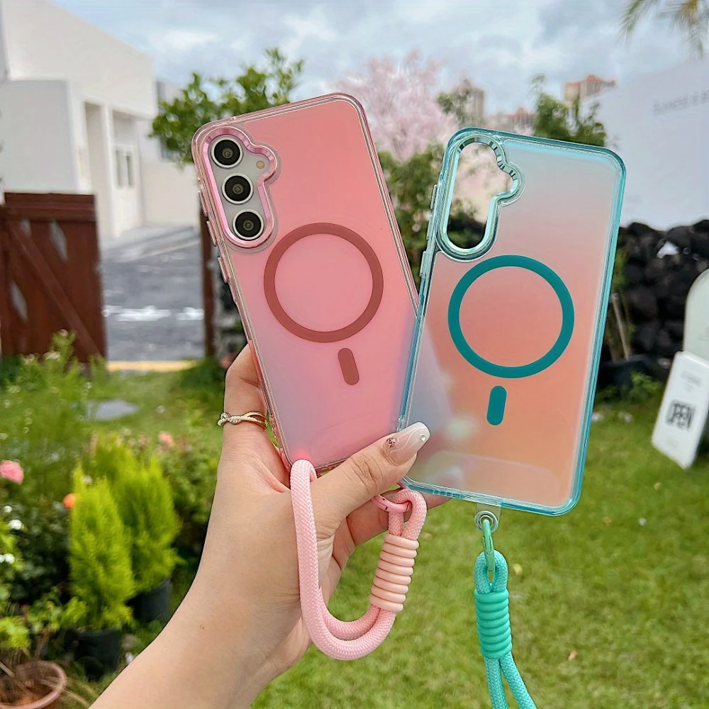 Suitable for Samsung Galaxy A53 54 55 16 26 36 56 14 13 4G 5G Magnetic Case, Laser Color Changing Frosted Strap Protective Cover