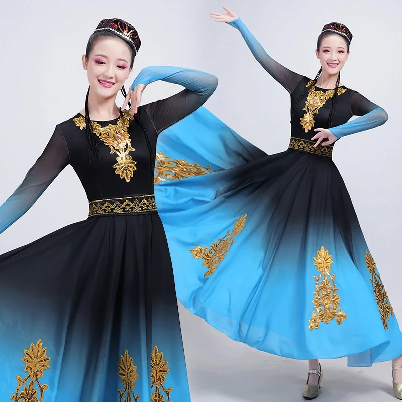 Elegante fantasia de dança Xinjiang para fêmea, vestido Uyur para performance de palco, dança folclórica asiática, adulto oblíquo, vestido chinês