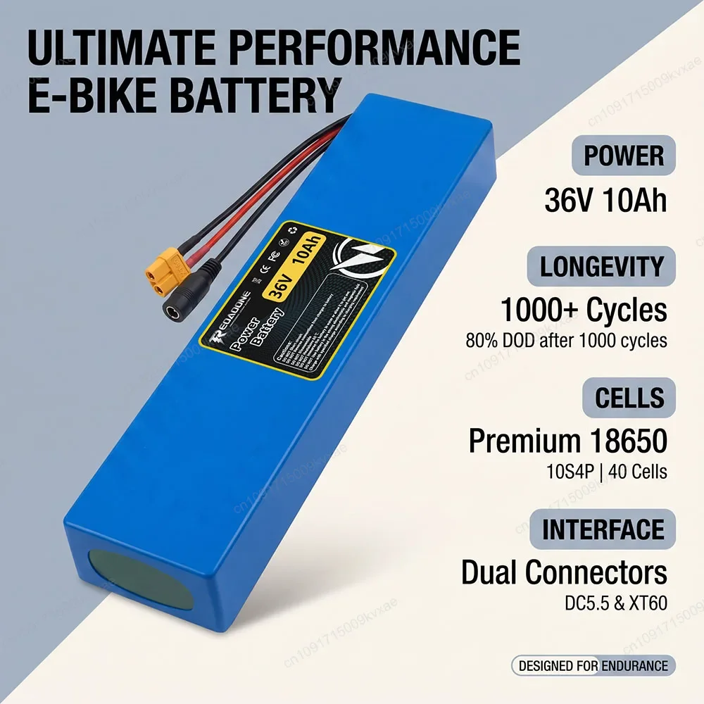 10S4P 36V 10000mAh 18650 Li-ion Battery Pack for Electric Scooter E-Bike 500W Motor Built-in BMS High Capacity Replacement Cell