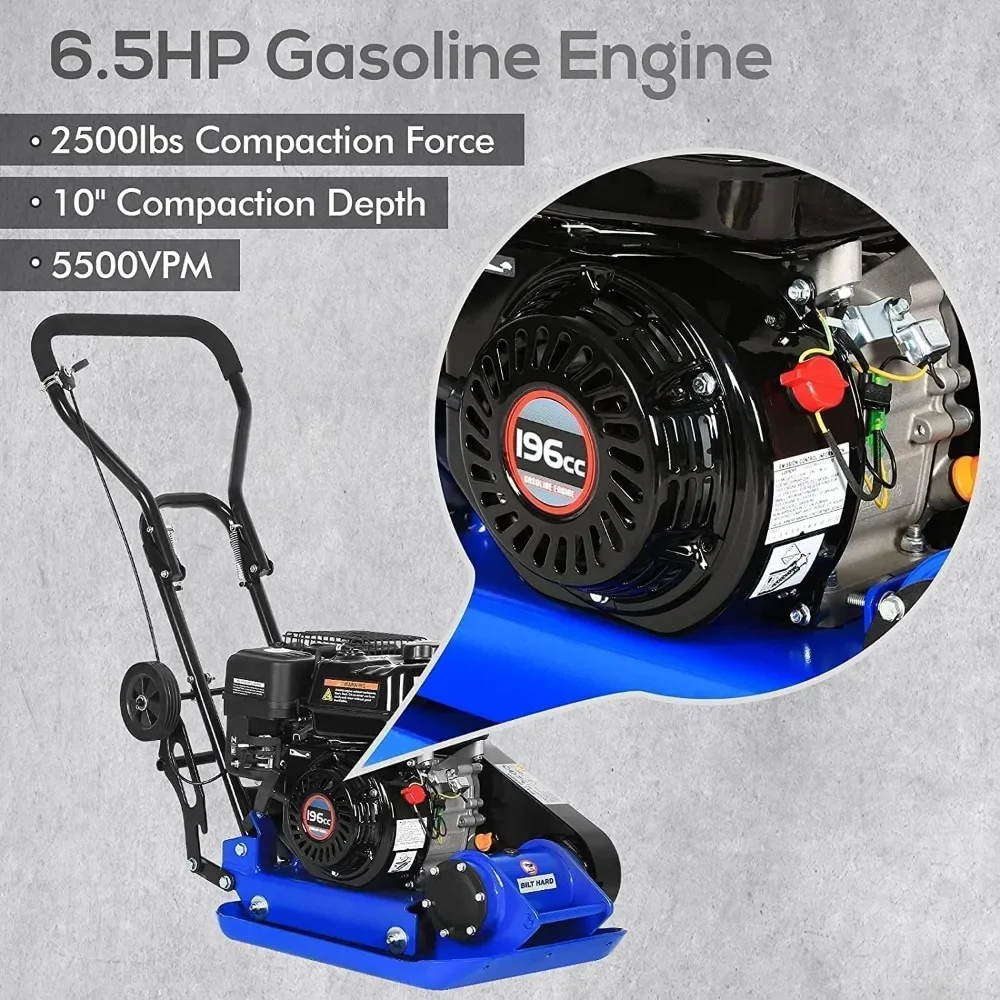 舗装および造園用プレートコンパクターランマー、6.5hp 196ccガソリンエンジン、5500 vpm 2500 lbs圧縮力、21x14.5インチプレート