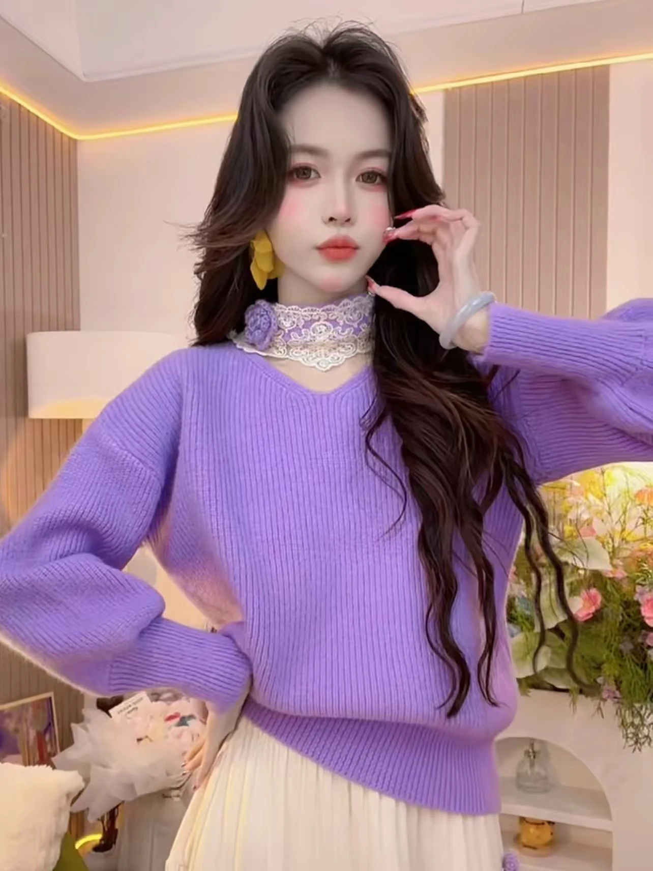 

Sweet Sle Lace Hook Knitted Sweater Women's Ne Hanging Design Autumn Winter Purple Color Aosphere Knitwear Girls