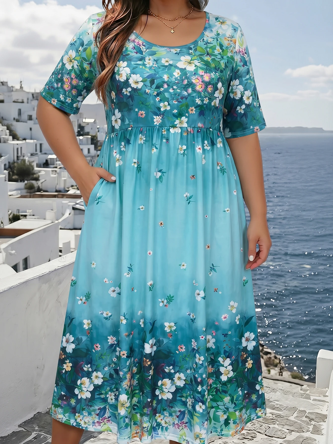 Vestido Midi Babydoll con Estampado Floral Degradado, Talla Grande, Cuello Redondo, Media Manga, con Bolsillos, Estilo Casual para la Playa y Uso Diario