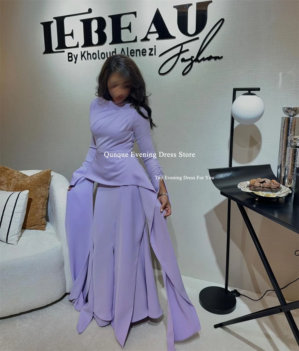 Qunque Lavender Arabia Evening Dress Mermaid Sexy Slit Sleeves Side Split Satin Prom Gowns Customized Vestidos Abiti Da Sera