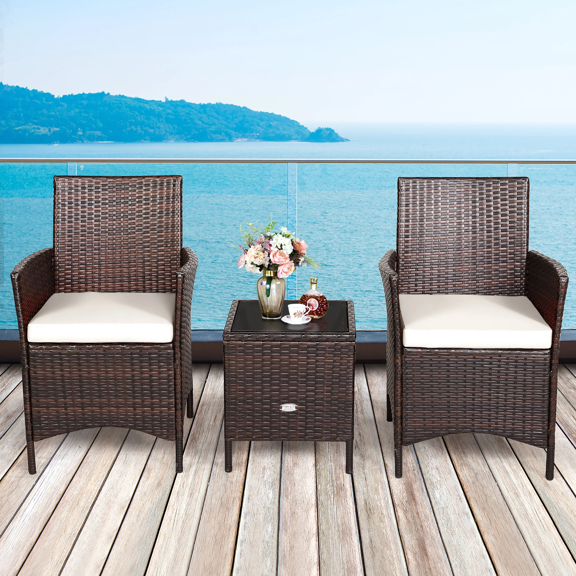 3PCS Patio Rattan Furniture Set Cushioned Sofa Glass Tabletop White