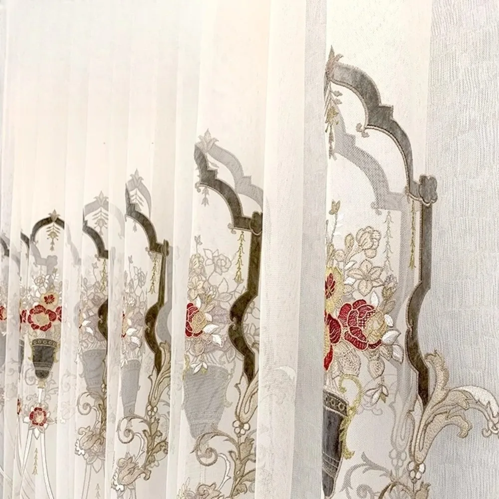 Luxury White Sheer Curtains with Red Floral Embroidery Elegant European Lace Tulle Drapes for Living Room Bedroom Balcony Decor