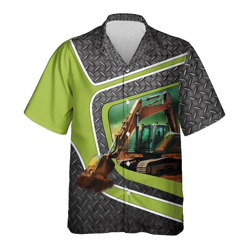 

Excavator Graphic Aloha Shirts Men Kids 3d Printed Short Sleeves Tropical Summer Vacation Lapel Blouse Oversized Hawaiian Shirt
