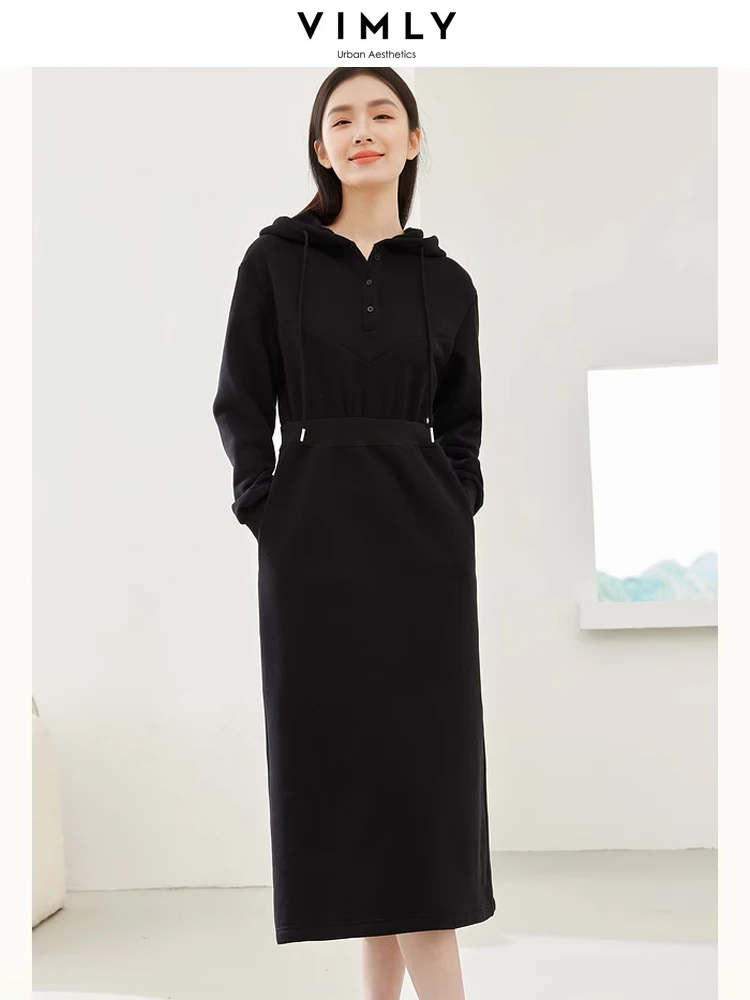 Vimly Black Hooded Sweatshirt Dresses for Women 2023 Winter Fleece Thicken Warm Straight Pockets Midi Dress Female Clothes M3715