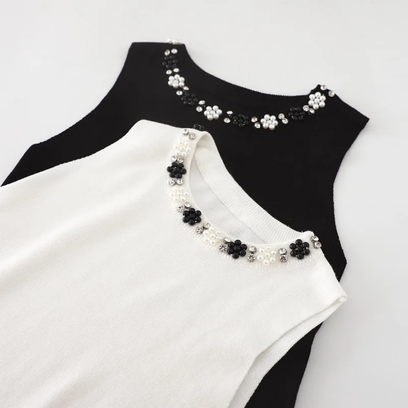 Sleeveless Beaded Design Ice Silk Knitted Camisole Women's Summer Slim Fit Slim Looking Base Black and White Inner Bottoming Top