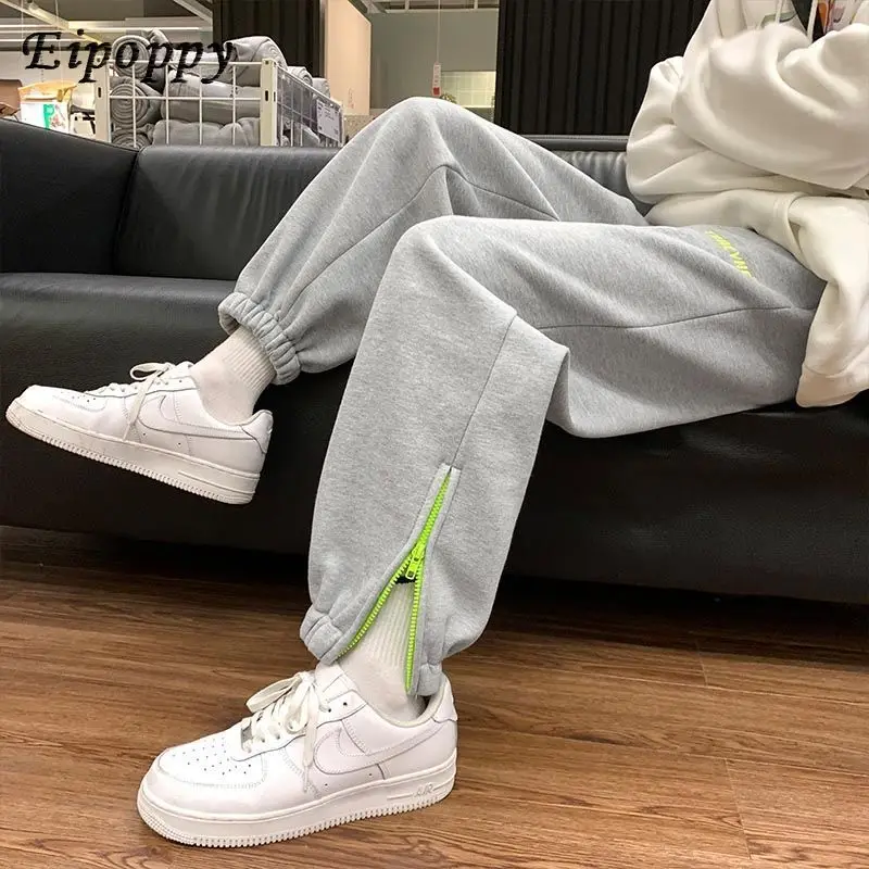 سراويل رياضية غير رسمية نسائية بسحاب ، سراويل برباط للكاحل ، طراز كوري ، سراويل حريمي فضفاضة ، متطابقة بالكامل