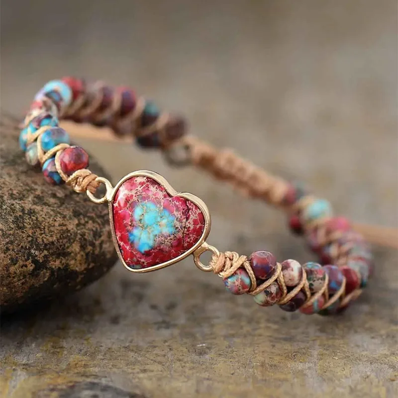 Bohemian Ethnic Heart-shaped Natural Stone Double Hand-woven Adjustable Strings Vintage Unisex Bracelet Jewelry Accessories