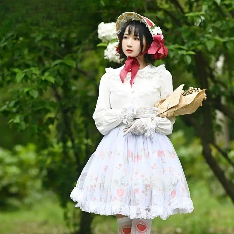 

Sweet Short Sky Blue Skirt Mori Girl Strawberry Printed A line Lolita Skirt 2025 Spring Summer Hot SALE