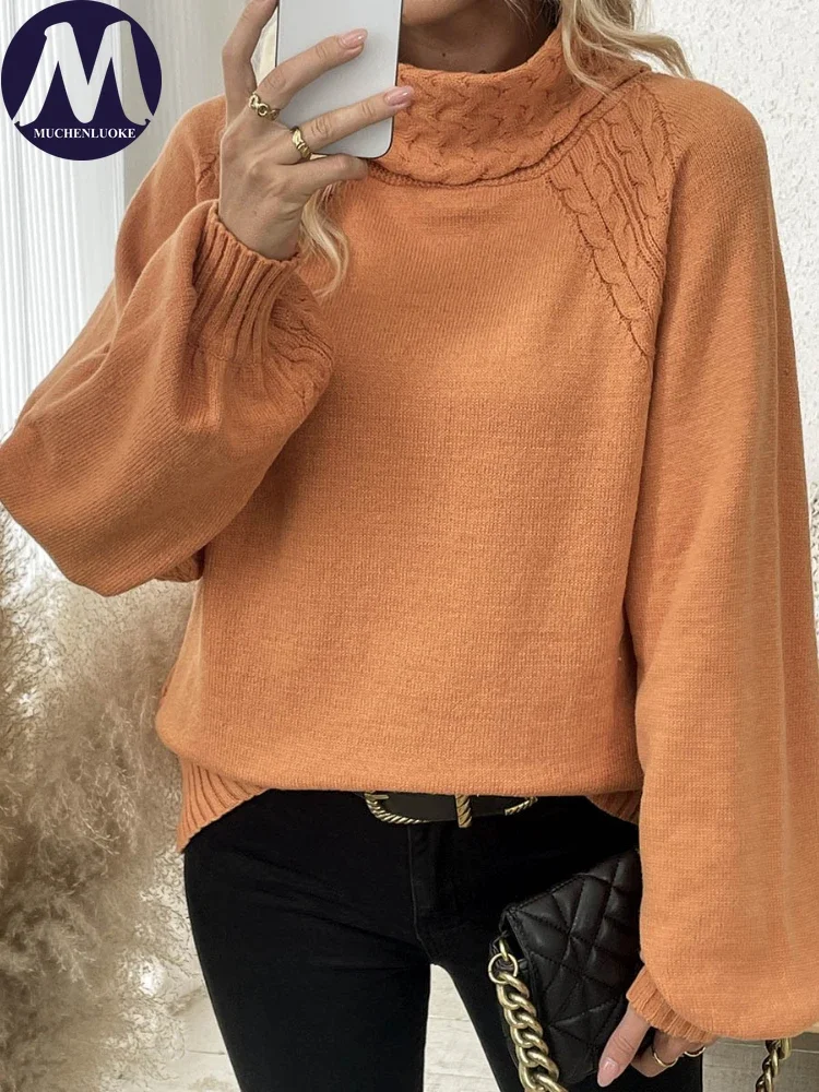 Sweater for Woman Autumn Winter Floral Half High Collar Princess Sleeves Knitted Sweater Fashion Casual Loose Sweaters Pullovers