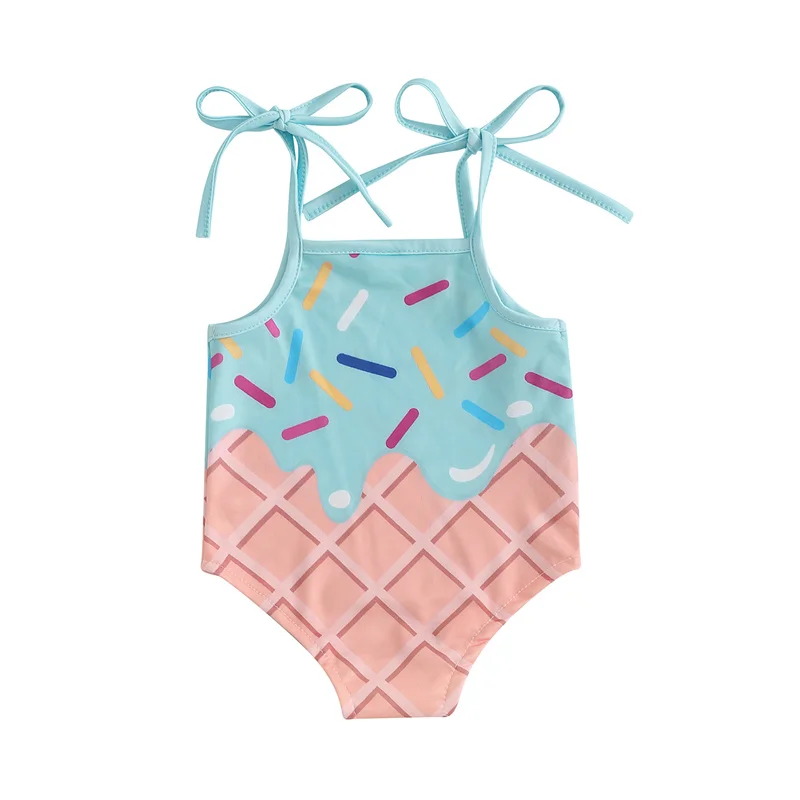 Cathery Kids Baby Clothing Girls Bikinis Sleeveless Tie-up Strap Ice Cream Print Swimsuits Swimwear for Summer Beachwear 2025