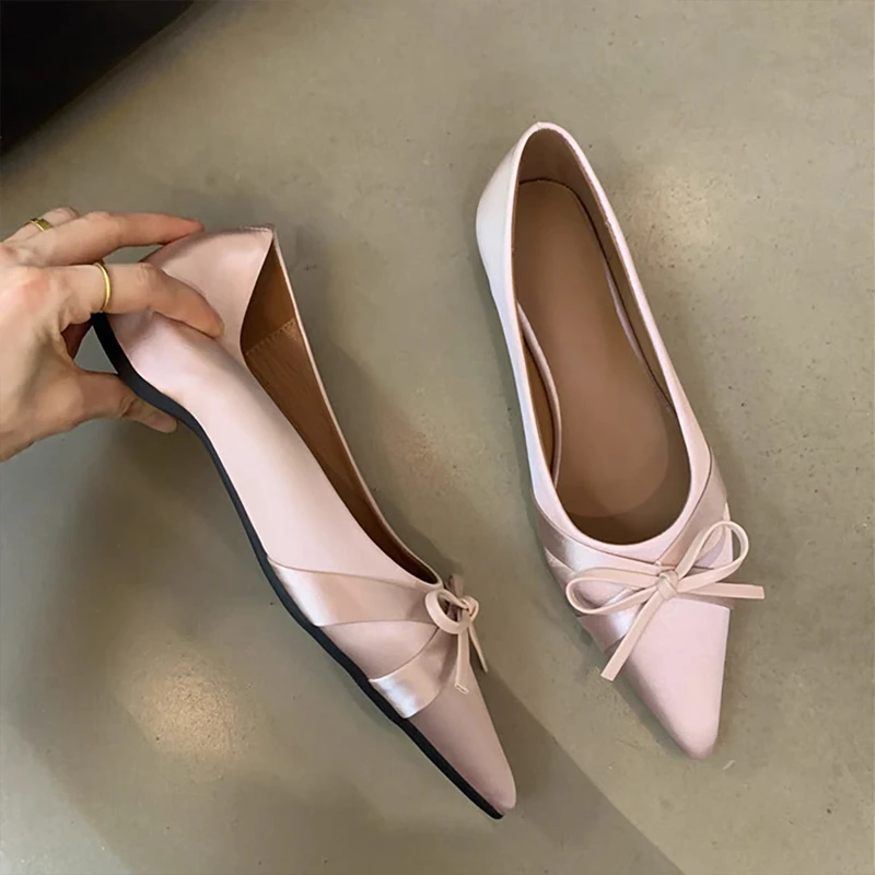 Luxury Satin Silk Bowtie Ballet Flats Woman Pointed Toe Inner Height Ballerina Shoes Ladies Elegant Evening Party Shallow Loafer