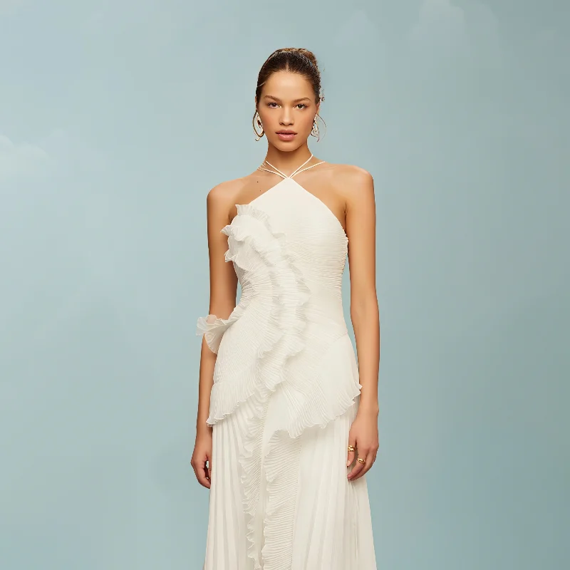 

Elegant Solid Halter A Line Prom Gowns Ruffles Tiered Backless Party Gown 2025 New Summer Vacation Chiffon Long Evening Dress