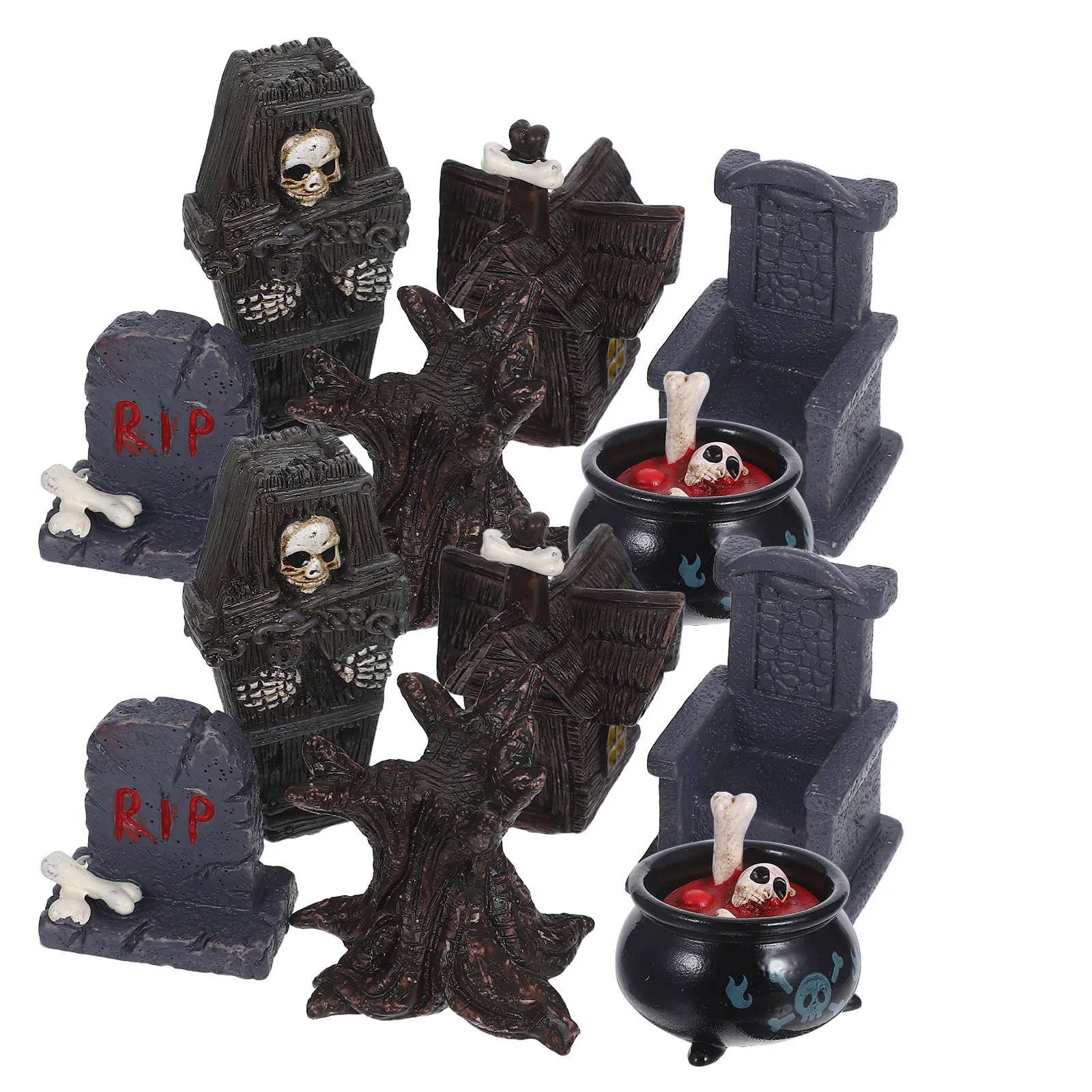 

12Pcs Spooky Halloween Resin Mini Figures Indoor Outdoor Decor Creative Tombstones Coffin Props Mini Horror Figures