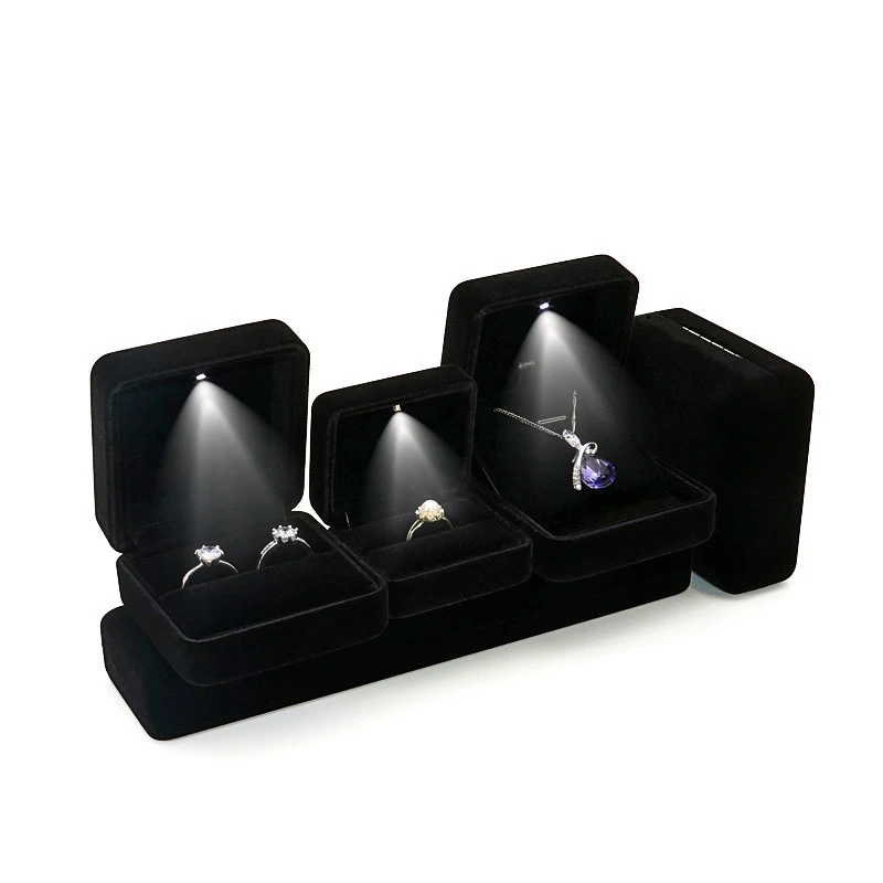 Flannel LED Light Jewelry Box Gift Wedding Velvet Ring Pendant Earring Display Storage Leather Jewellery Boxes Packaging