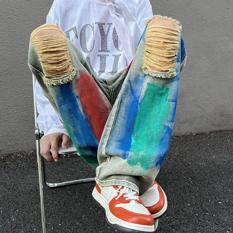 Men Clothing New Color Graffiti Hole Jeans Men's Fashion Personality American High Street Straight Loose Wide-legged Long Pants
