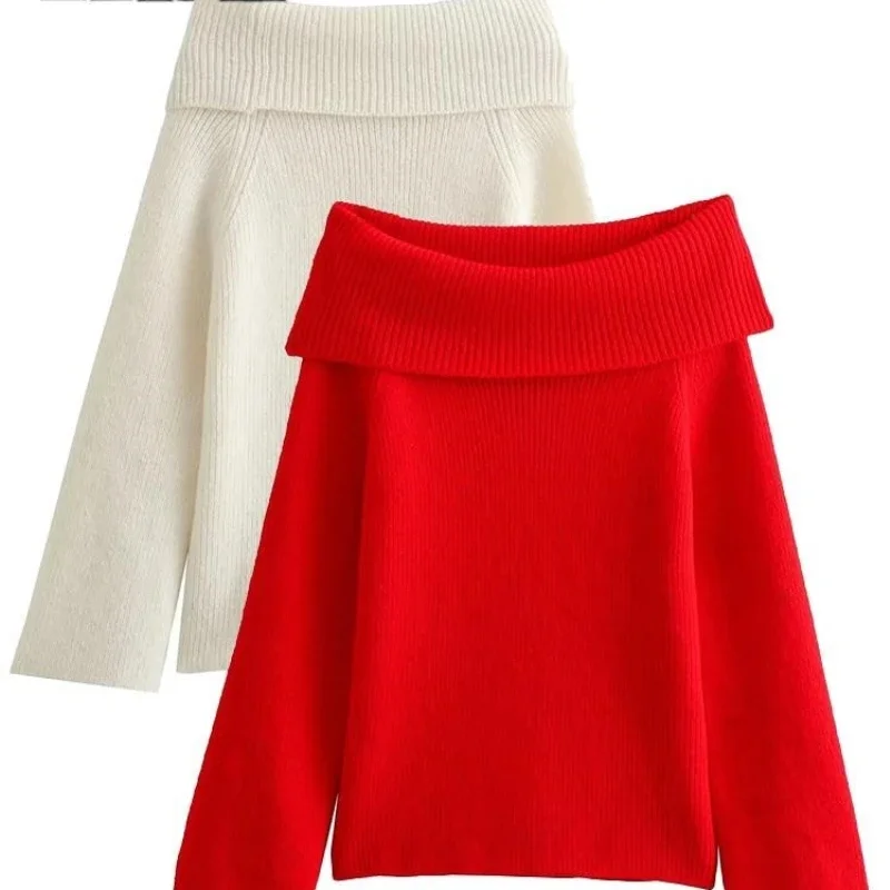 

2024 Spring Autumn Woman Solid Fashion Slash Neck Long Sleeve Knitted Slim Pullover Casual Sweater Red Beige