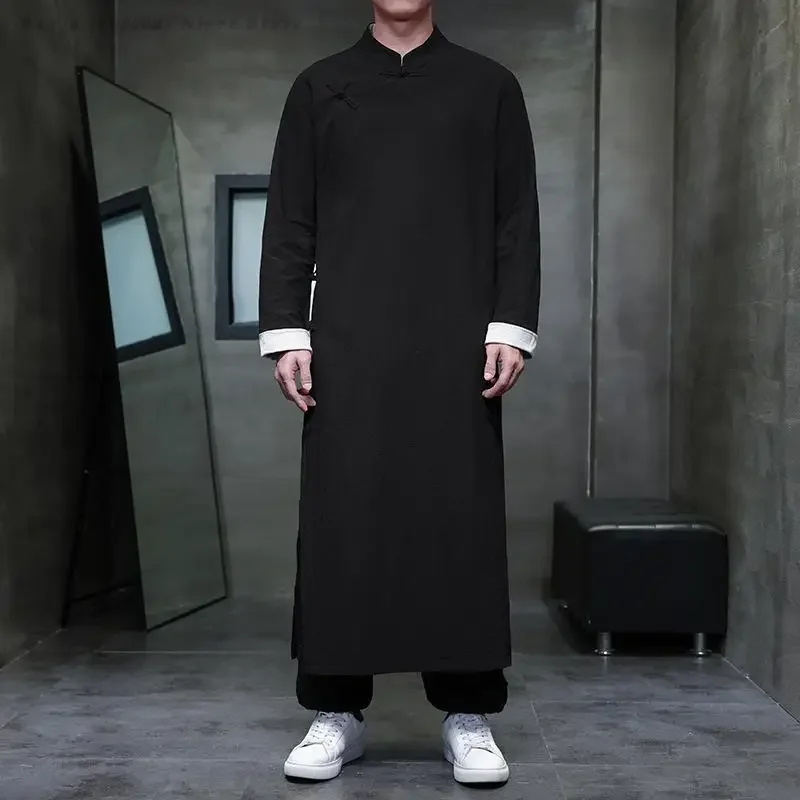 

Chinese Traditional Mandarin Collar Gowns Men's Long Tunic Man Plus Size Shirt Wing-Chun Kung Fu Costume Republic of China Robe