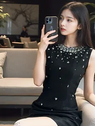 Newest 2024 Fashion Stylish Designer Women's Luxury Rhinestone Diamonds Beaded Sleeveless Dress