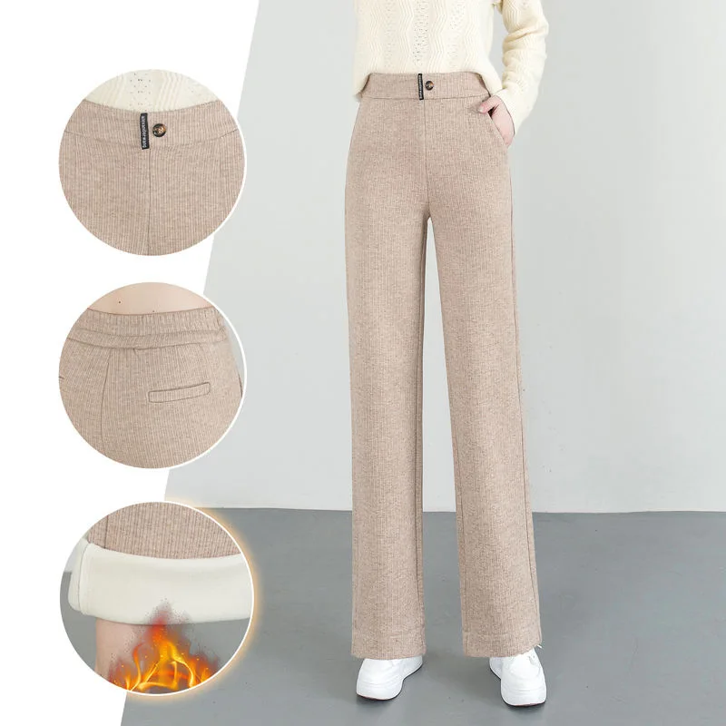 Women Thicken Loose Wide Leg Pants Winter Warn Elastic High Waist Velvet Lined Straight Pantalones Korean Casual Snow Wear Calca
