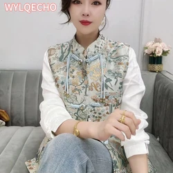 2024 New Chinese Sstyle Women's Embroidered Patchwork Vest Cheongsam Collar Buckle Lady Versatile Sleeveless Jacquard Vest Coat