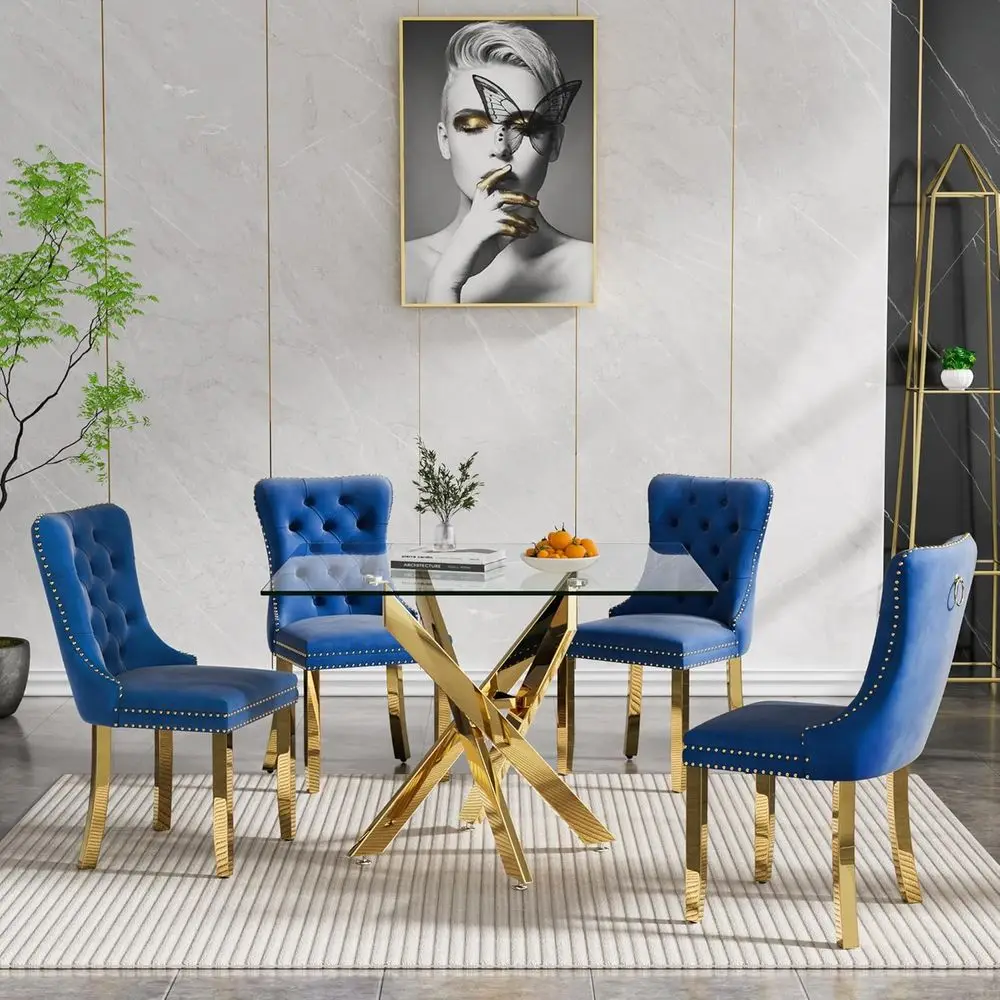 4-Person Glass Top Dining Table Set with Upholstered Chairs, 35 Square, Gold & Blue Accents for Small Kitchen or Breakfast Nook