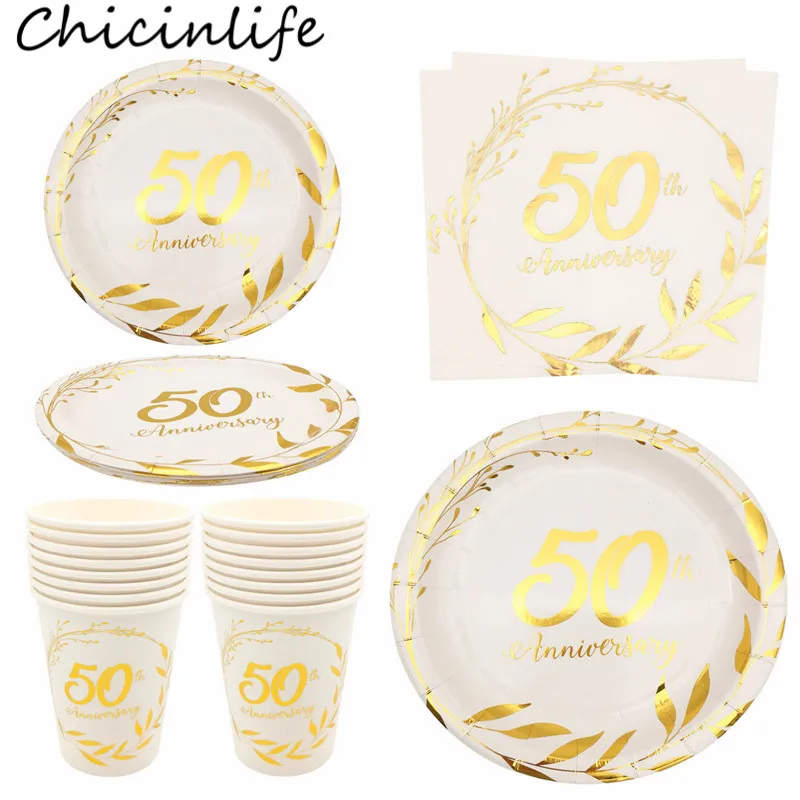 8Pcs 25th 50th Anniversary Paper Plates Cups Napkins Disposable Tableware Adult Men Women Happy Birthday Wedding Party Supplies