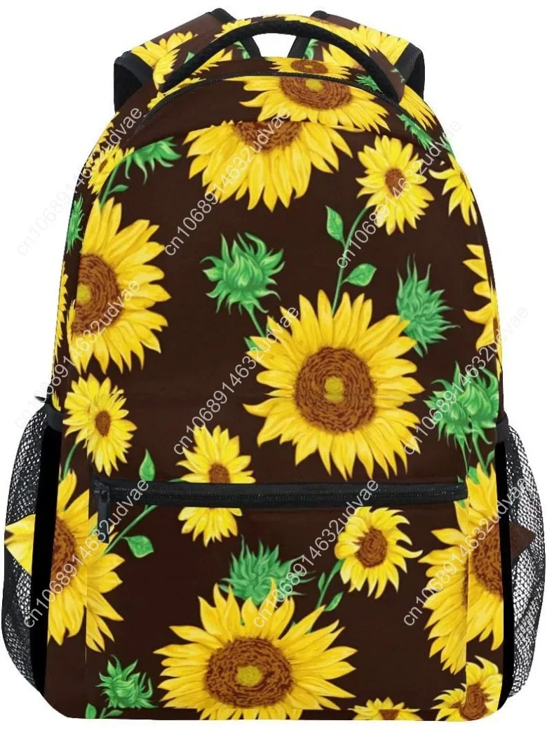 Sunflowers And Leaves Laptop Backpack, Flower Floral Black Water Resistant College Students Bookbags Elementary School Bags Trav