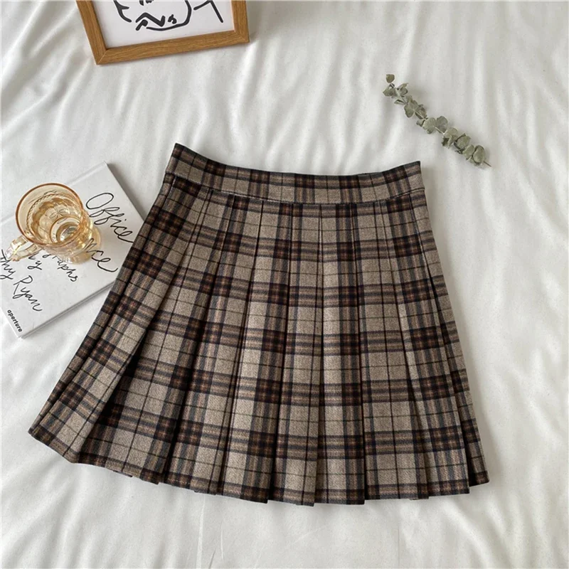 GIDYQ Plaid Pleated Skirt Women Japan Jk High Waist Thin A Line Short Skirt Female Sweet Preppy Style Woolen Mini Short Skirt